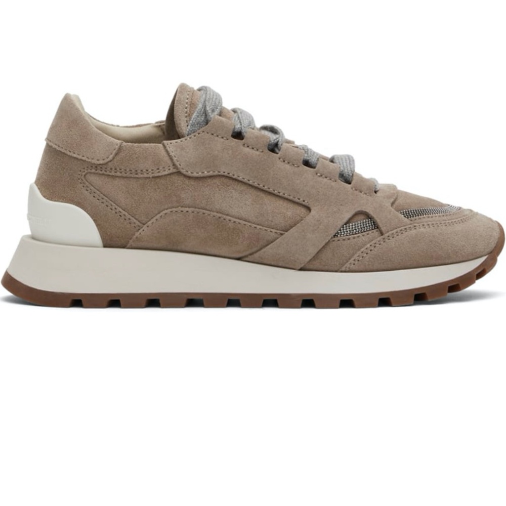 BRUNELLO CUCINELLI Women's Taupe Suede Bead-embellished Sneakers, Size 41